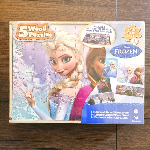 Disney Frozen Toy 5 Wood Puzzles Storage Box Elsa Anna - Picture 1 of 5